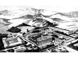 Temples and precincts of Olympia. Left to right: Gymnasium, Theatre, Heraion, Temple of Zeus, Enclosed grove of Altis, Agora, Gate of Processions, Stoa Poikile, Stadium